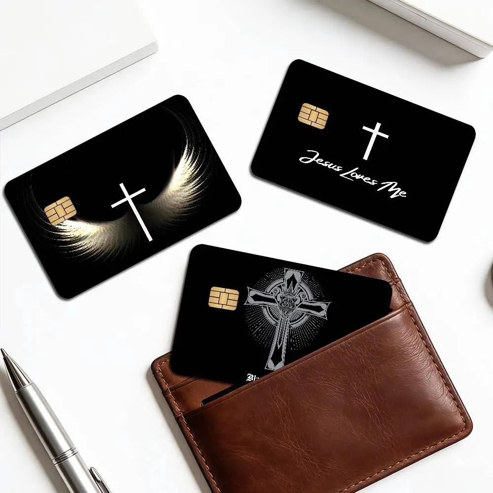 Holy SACRED Pray Holy Bible Cross Jesus Anime Cartoon Bear Skin Sticker Film Tape Case for Big Credit Debit Card Front Side