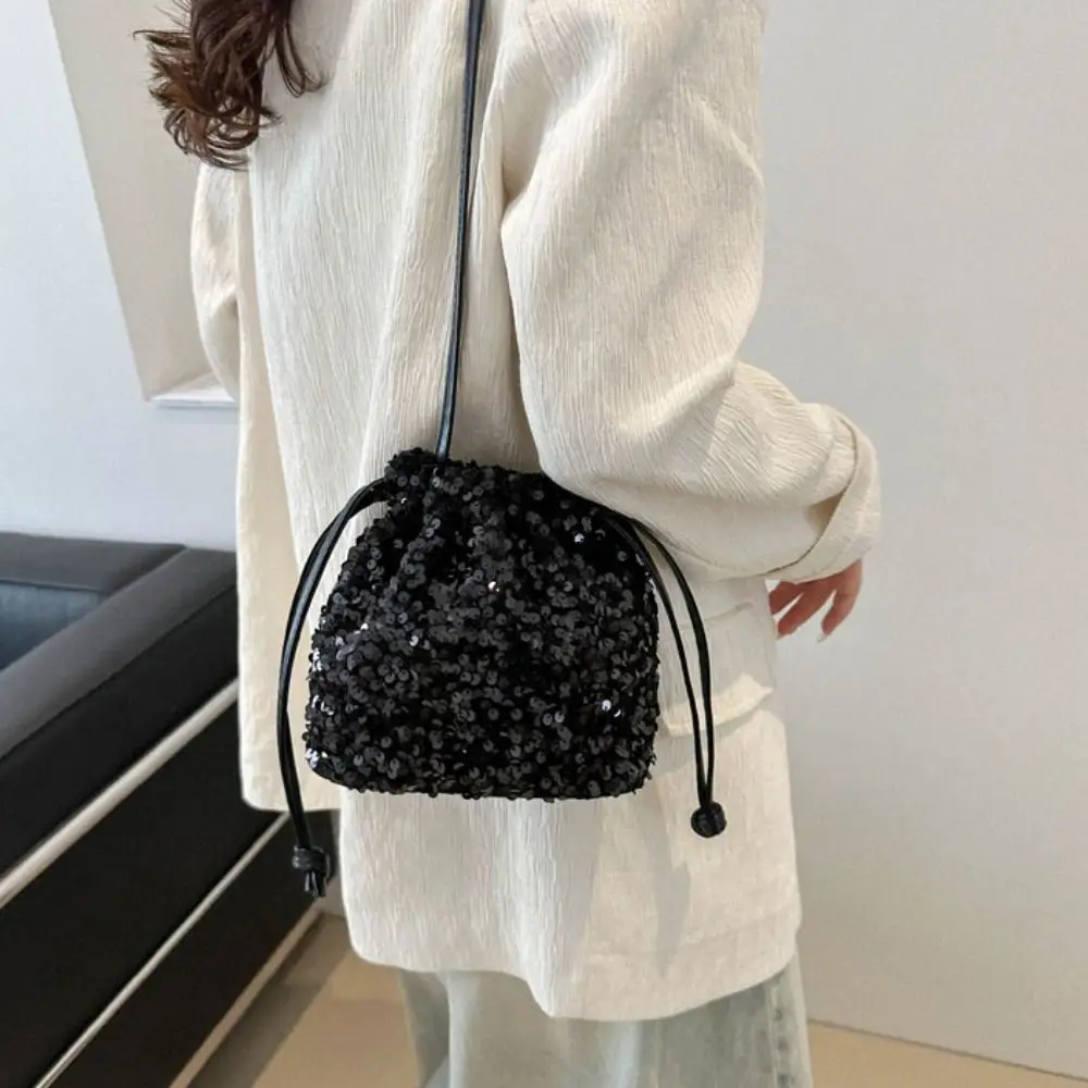 Retro Shiny Evening Banquet Bag Handbag Small Purse Drawstring Crossbody Bag Korean Style Mini Bucket Bag Wedding