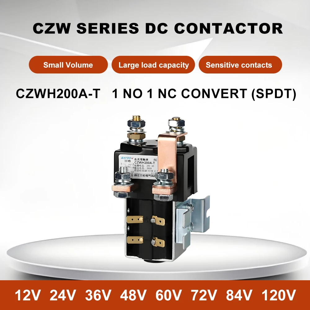 

CZWH200A-T DC Contactor 1 NO 1 NC Convert (SPDT) Suitable for battery car cleaning car 12V-72V etc