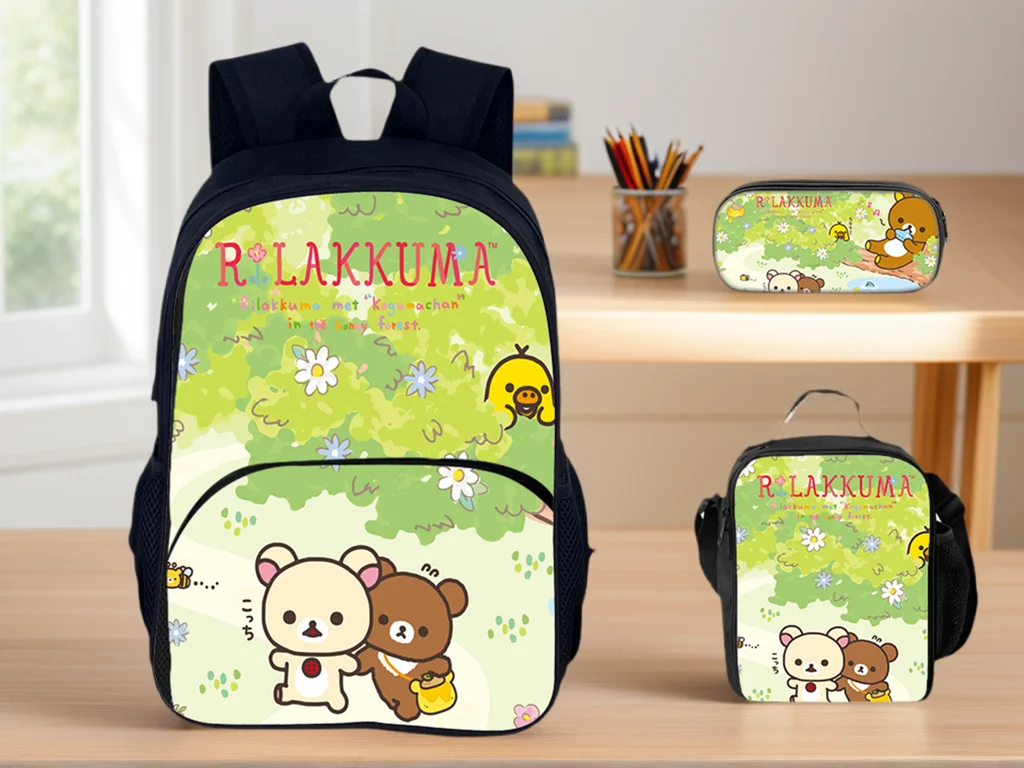 Rilakkuma Trendy Unisex Children Lightweight Backpack and Durable Lunch Bag Pencil Box 3Pcs Set Daypack for Student