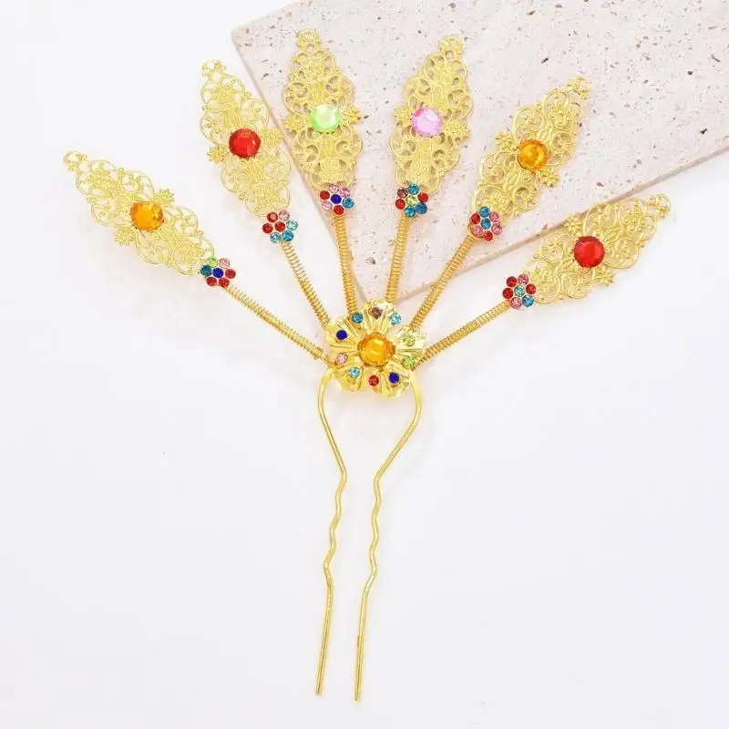 652F Thai Cultural Peacocks Designs Hairpin Alloy with Rhinestones Hair Ornament