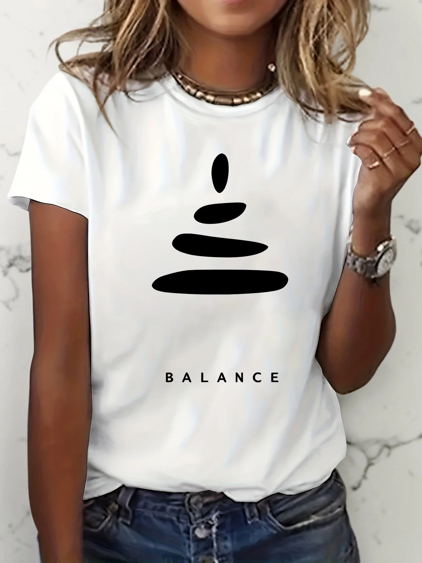 Women's Balance Stone Print Short Sleeve T-Shirt Casual Crew Neck Minimalist Zen Graphic Tees Yoga Meditation Tops