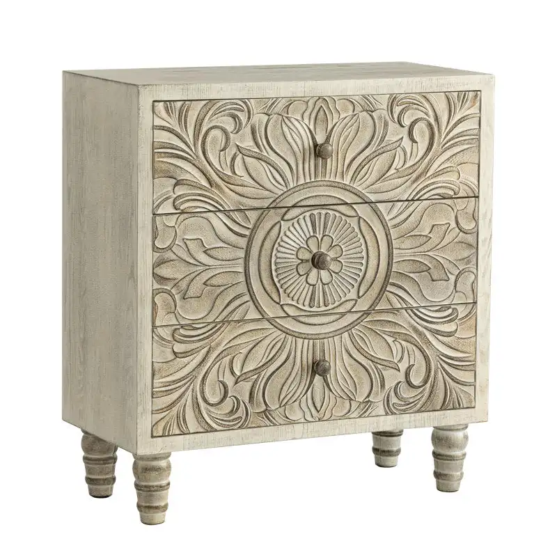 Cômoda compacta de três gavetas, caixa decorativa esculpida à mão em madeira com flores, passagem de entrada do quarto, armário da sala de estar