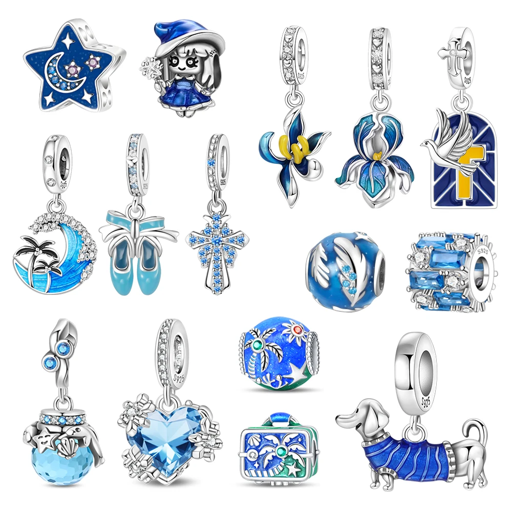 

Blue Series 925 Sterling Silver Dachshund Feather Seaside Coconut Tree Star Witch Charm Fit DIY Bracelet Necklace Party Gifts