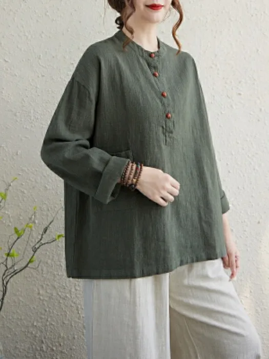 

Spring Cotton Linen New Sle Stand Collar Patchwork irt Large Size Women's Clothing Big ket Long Sve Linen Top