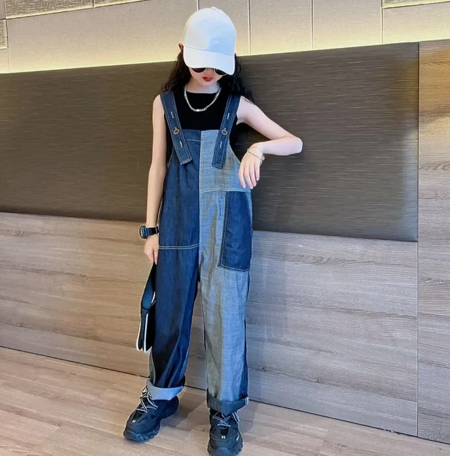 

Girl Denim Jumpsuits Spring Summer New Fashion Casual style Jeans Teenage Pants Kids Patchwork Overalls Children Jumpsuit Wz1140