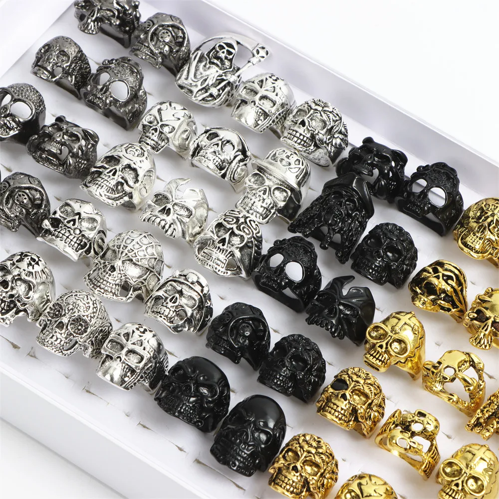 Wholesale 36Pcs/Lot Retro Gothic Punk Big Skull Ring Men Women Vintage Hip Hop Black Gold Silver Color Jewelry Accessories Party