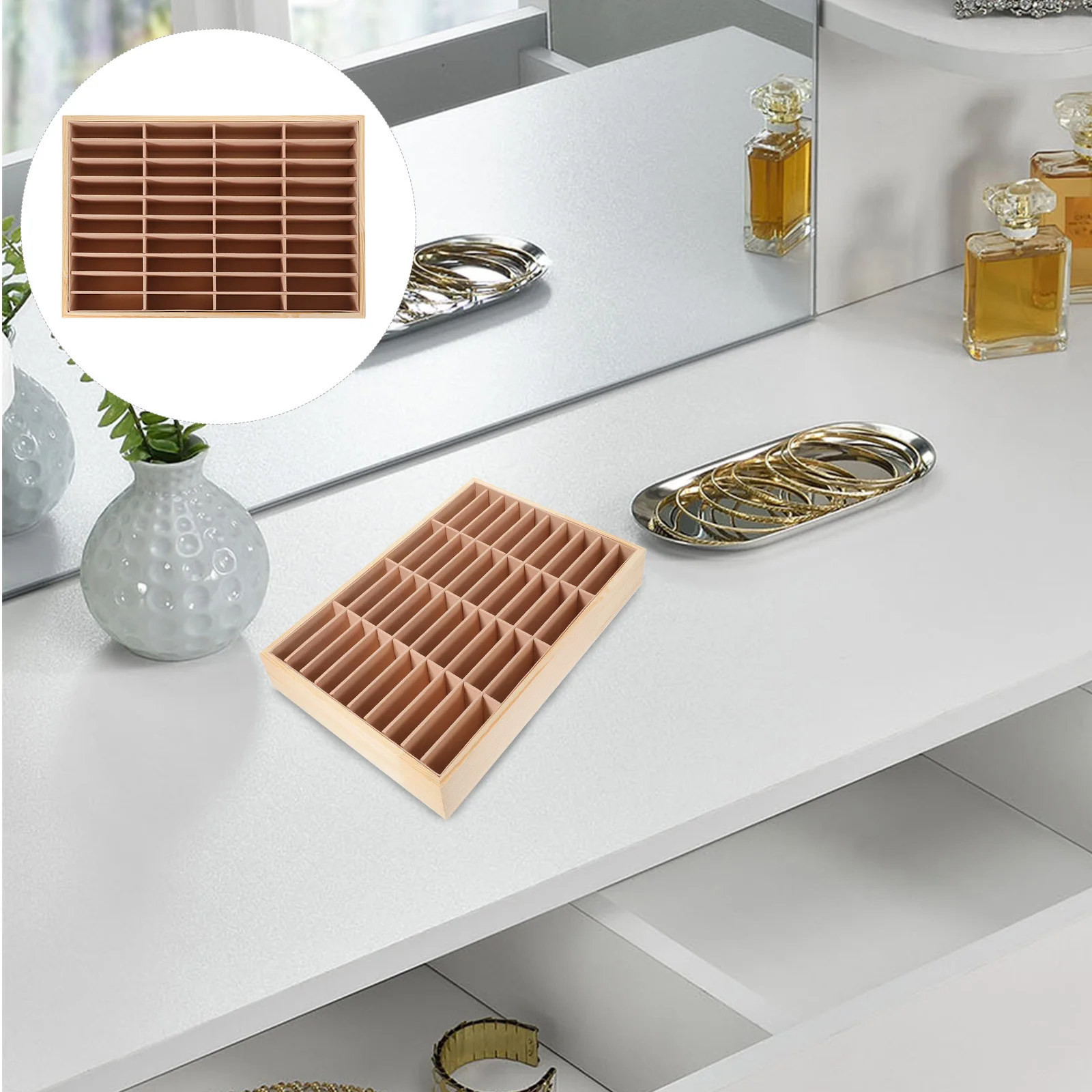 

Wooden Multi-Grid Jewelry Tray With Lint Interior For Ring Earring Necklace Watch Organizer Storage Plate Dresser Tray Home