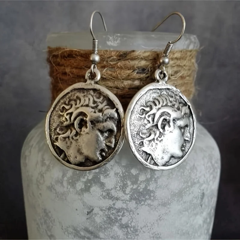 

Antique Silver Plated Ethnic Earrings, Ancient Greek Coin Dangle Earrings, Boho Jewelry