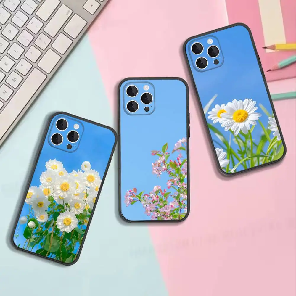 Daisy Flower Floral Print Shockproof Black Silicone Soft Protective Cover, Suitable for iPhone 11,12,13,14,15,16,17,Pro,Max,Plus