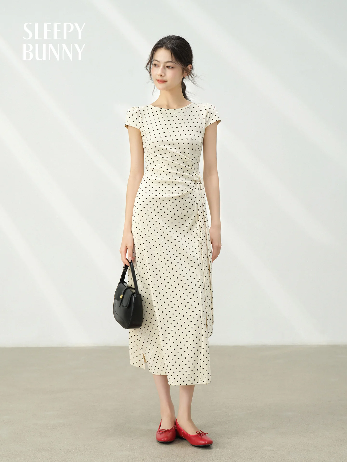 

Elegant Vintage Polka Dot Midi Dress Women Summer Tie Waist Bodycon Long Dress with Side Slit Stretchy French Style Party Outfit