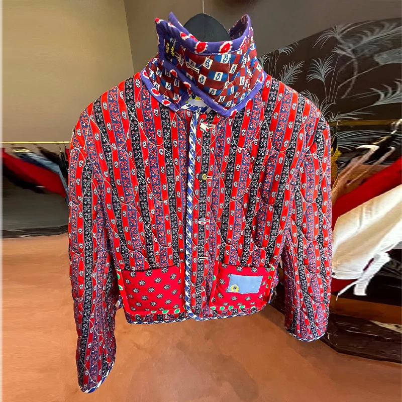 Reversible Jacket Retro Print Color Block Coat Woman Lapel Collar Top Striped Patch Pocket Outerwear Winter Autumn Clothes
