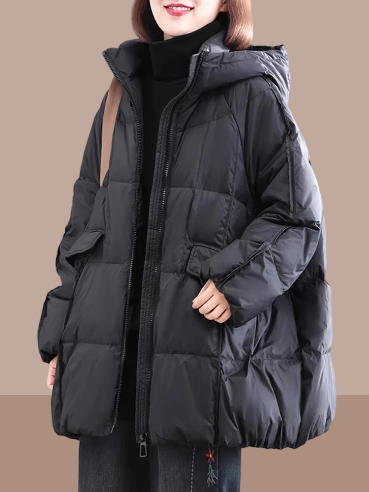 Thickened Bread Style down Cotton Jacket Women's Mid-Length Coat Korean Style Commute Pure Color Zipper Closure Long Sleeve