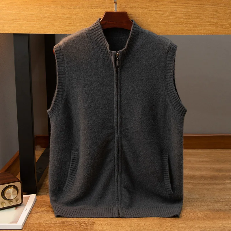 Sleeveless autumn and winter new 100% cashmere men's o neck sweater Loose fashion cardigan slim warm knit solid color longsleeve