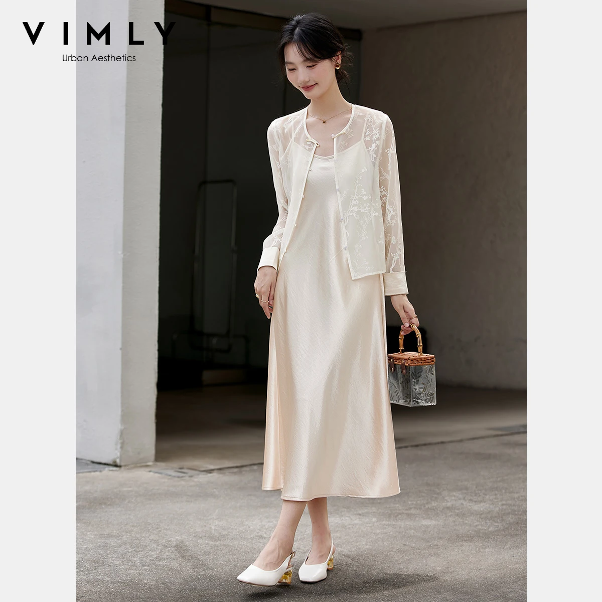 Vimly conjuntos de vestido de duas peças feminino estilo chinês manga longa impressão floral jaqueta longa suspender vestidos de cetim 2025 outono a2683