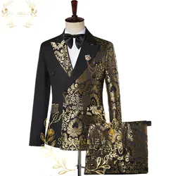 SZMANLIZI-esmoquin de doble botonadura para hombre, chaqueta con doble botonadura, color negro, dorado, Floral, Jacquard, ajustado, para novio, boda, fiesta, pantalón, Masculino