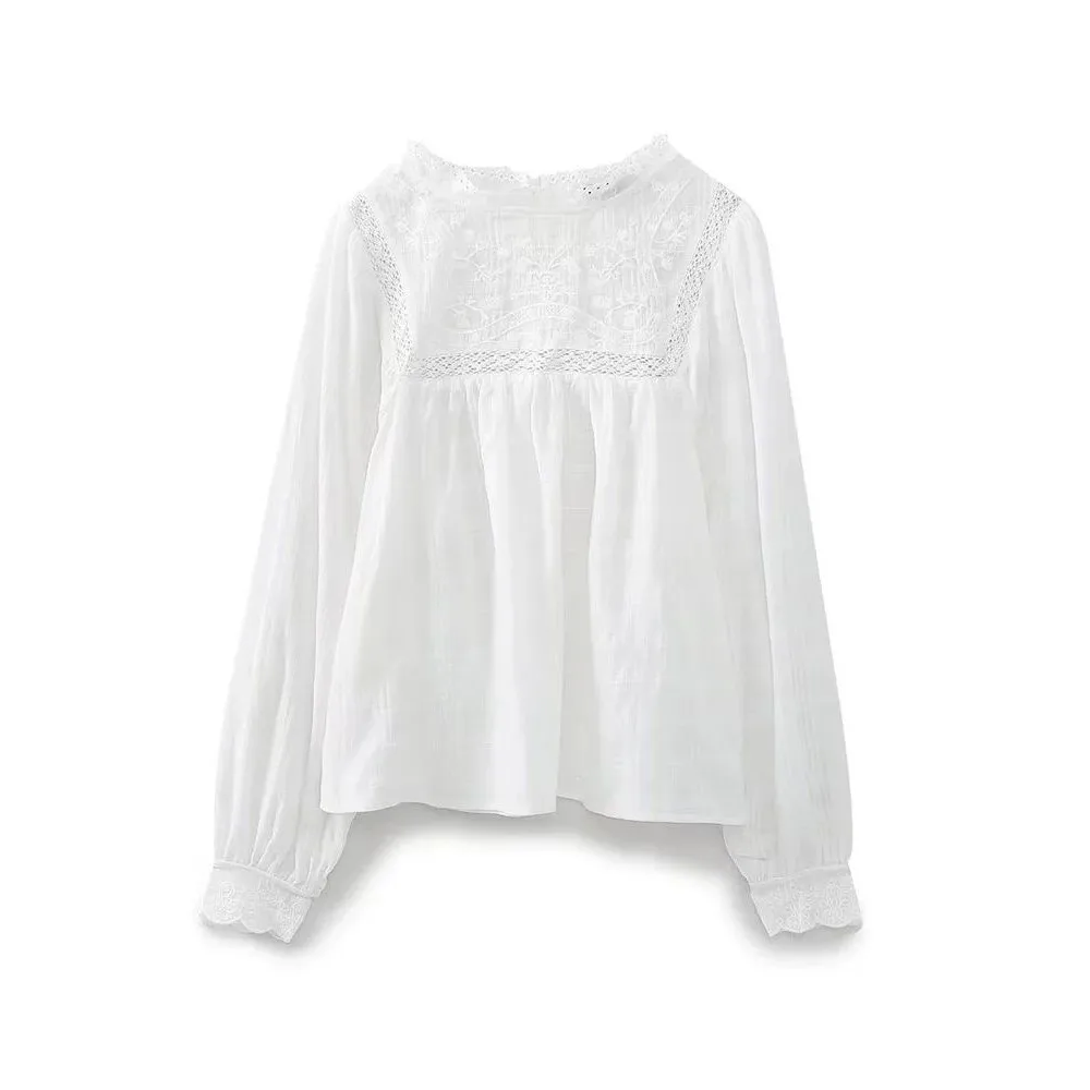Faion White HollowOut Embroidery Blouse V-Ne Long Sve Straight Cut Women's irt Versatile Sle Spring Collection