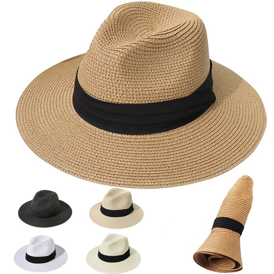 Sombrero panamá de paja de ala ancha para hombre y mujer, sombrero Fedora de verano para playa, sombrero de paja UPF para mujer