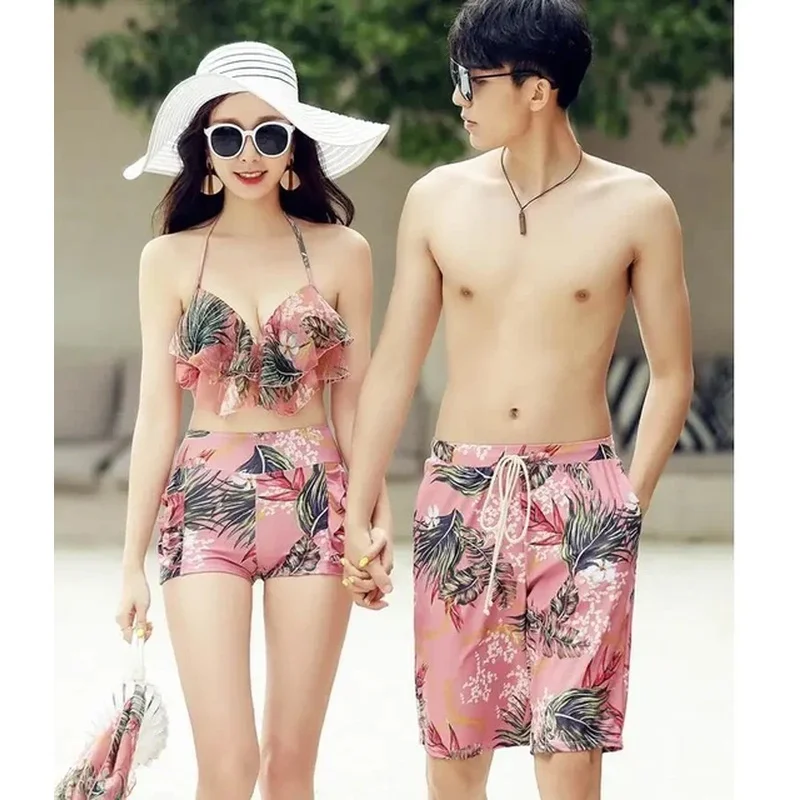 3 Pieces Swimwear Couple Swimsuits Floral Print High Waist Bikini Set Cover Up Swimsuit Micro For Women Swimming Trunks For Men