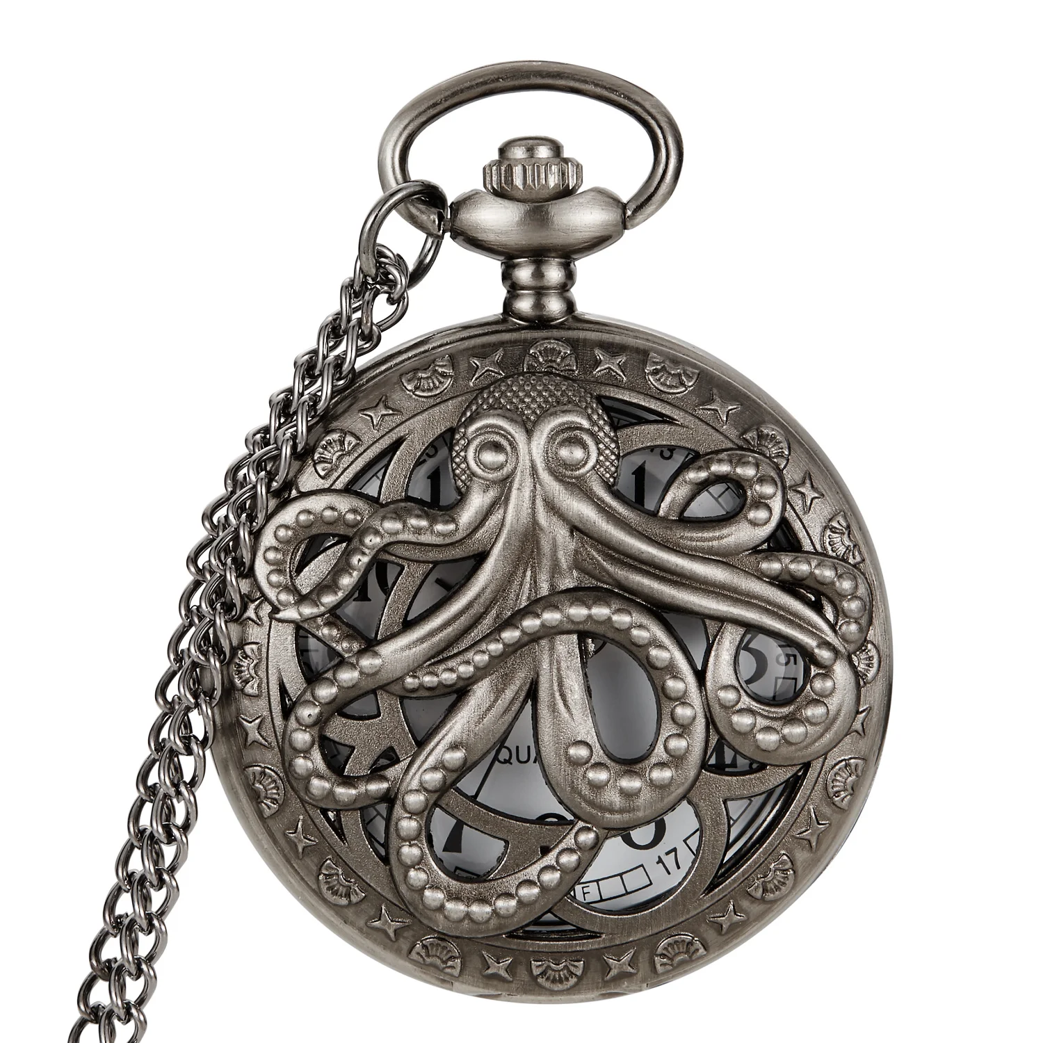 Retro Octopus Hollow Half Hunter Quartz Pocket Watch Vintage Grey/Bronze Necklace Pendant Clock for Kids Men Women reloj 2023