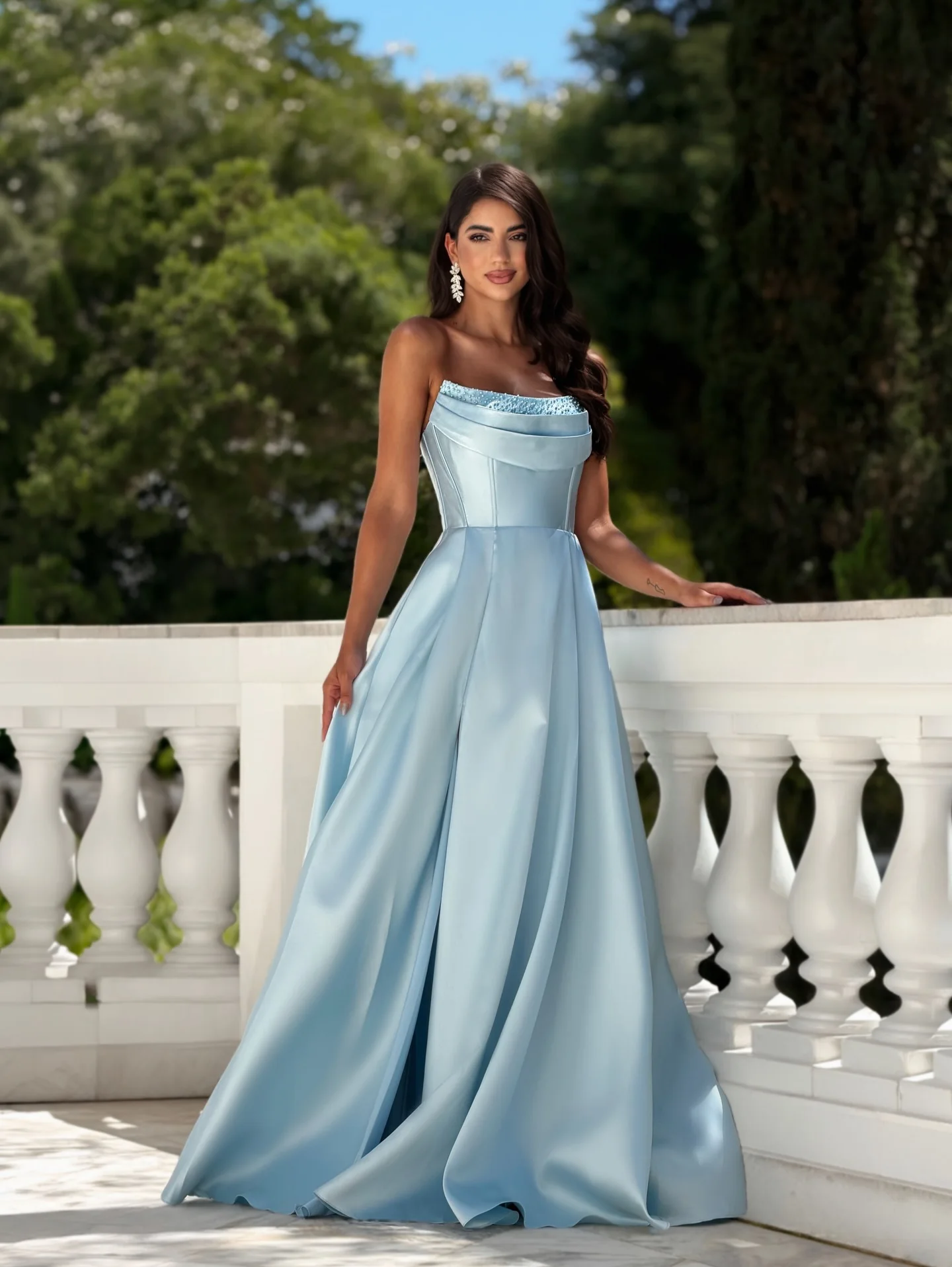 

Элегантное небесно-голубое вечернее платье без бретелек Ofherown с корсетом и вышивкой бисером, атласное, А-силуэта, для выпускного вечера, новый дизайн