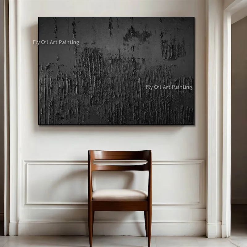 Handmade Dark Grey Geometric Relief Wall Art, Heavy Impasto Layer Texture Painting, Industrial Style Hallway Canvas Decor