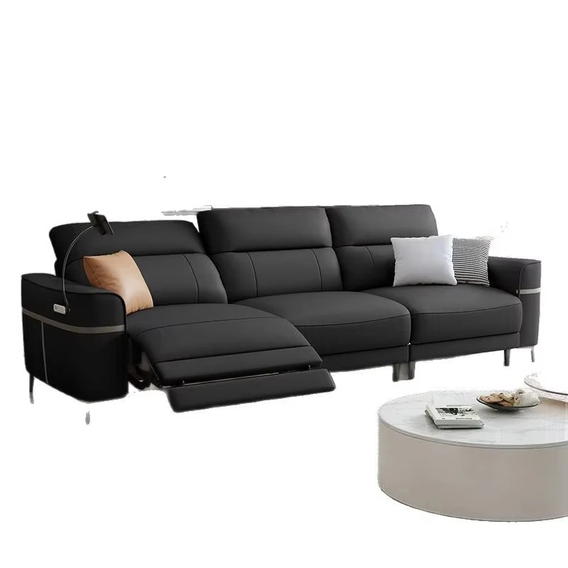 #Modern Minimalist Three Seat Leather Power Recliner Sofa with Metal Frame USB Charging Port LED Reading Lamp for Living Room