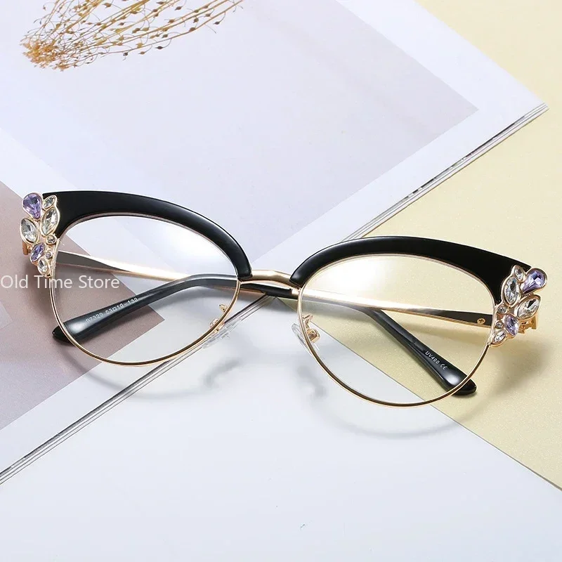 Fashion Luxury Diamond-studded Anti-blue Glasses Women Vintage Cat Eye Eyeglasses Frame Trend Personality Flat Mirror Eyewear