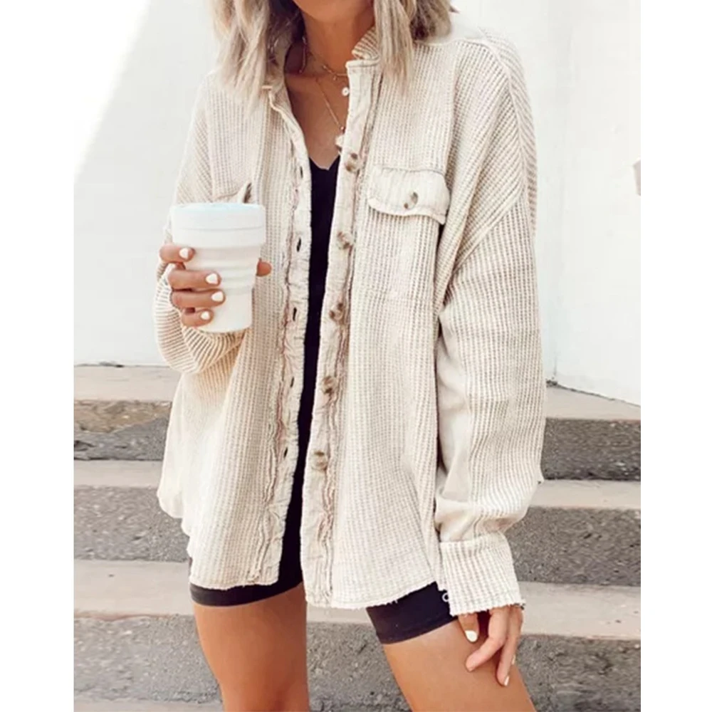 

Fashion Women Pocket Design Irregular Ribbed Loose Jackets Femme Casual Turn-down Collar Raglan Sleeve Coat traf Ropa for Lady