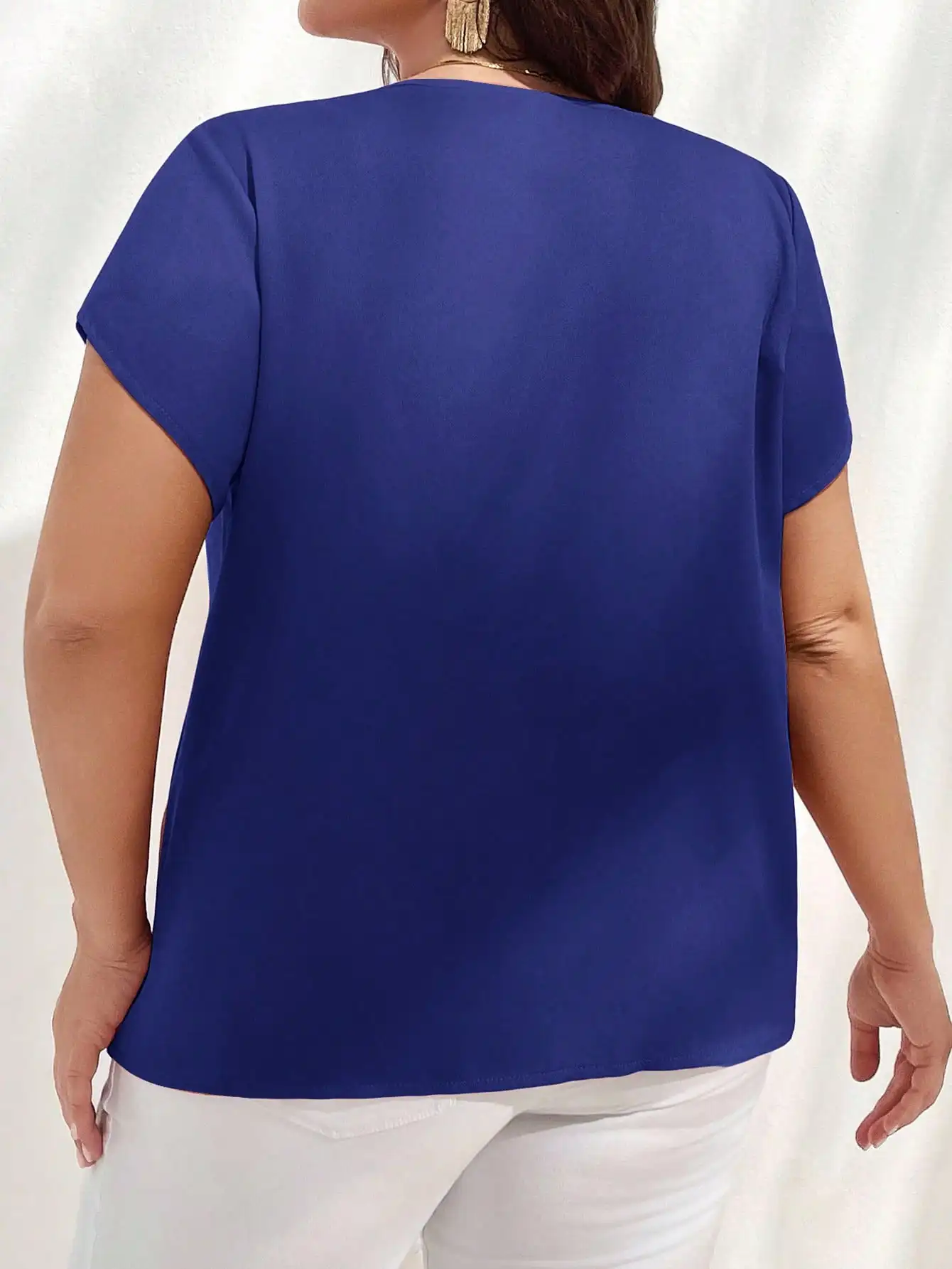 

Elegant Plus Size Royal Blue Puff Sleeve Round Neck Short Sleeve Blouse For Women Office Summer