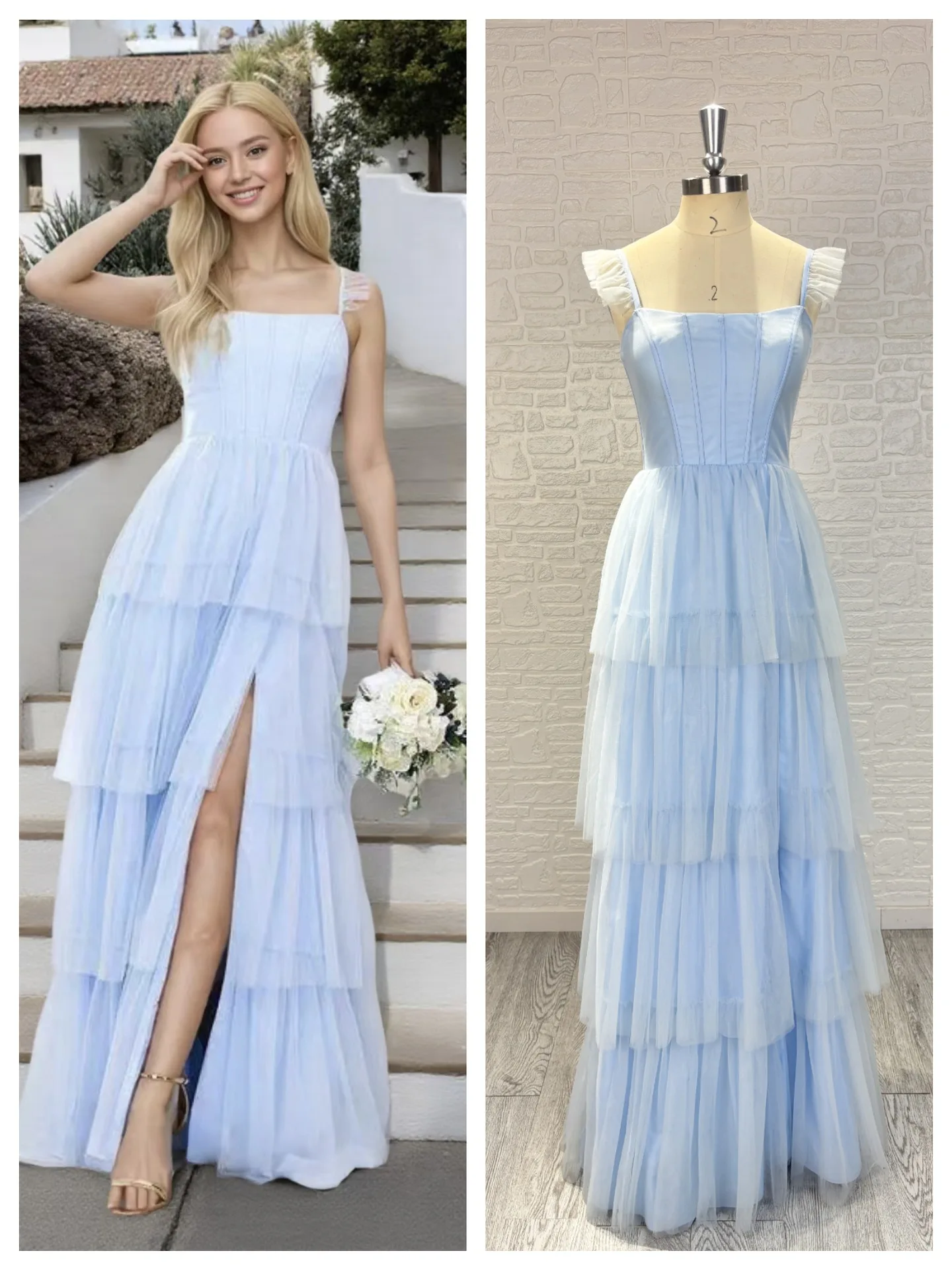 Vestido De fiesta elegante personalizado con tirantes finos De tul en capas vestido De fiesta De graduación sin espalda con cordones y abertura lateral Vestidos De Noche