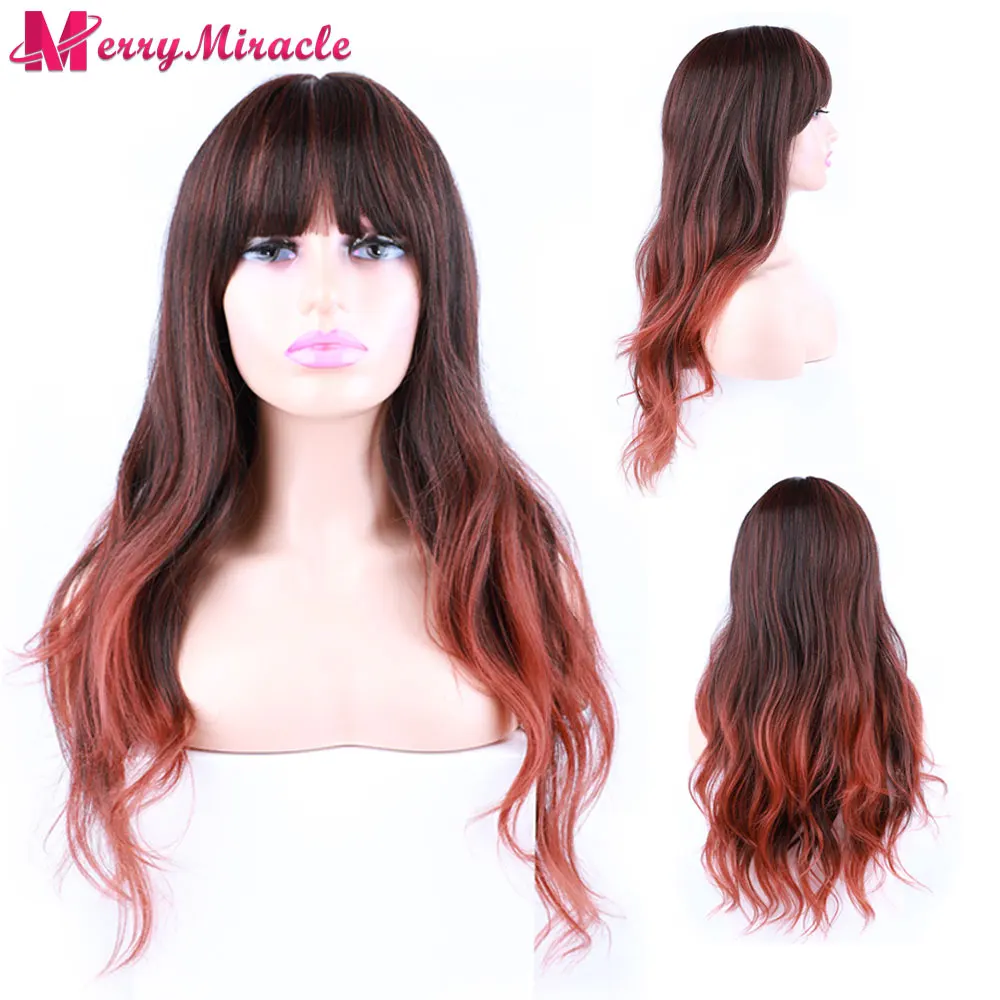 

Ombre Color Synthetic Cosplay Wigs for Women Long Wavy Synthetic Hair Heat Resistant Middle Part Highlight Wigs with Bangs