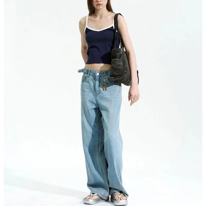 

Slimming High Waist Adjustable Belted Retro Denim Jeans Women's Faionable Straight Leg Jeans Autumn Collection