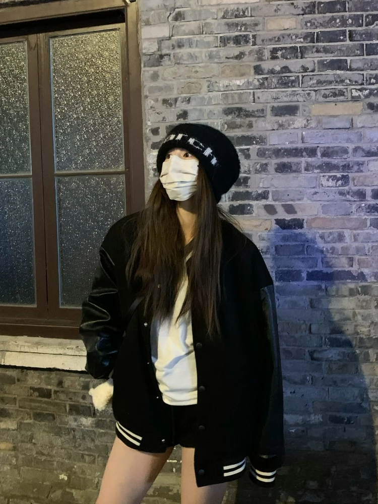 

Кожаная бейсбольная куртка Leaves 992 Thiened Lazy Patchwork в уличном стиле, с длинными рукавами, зимнее пальто для женщин, повседневная верхняя одежда