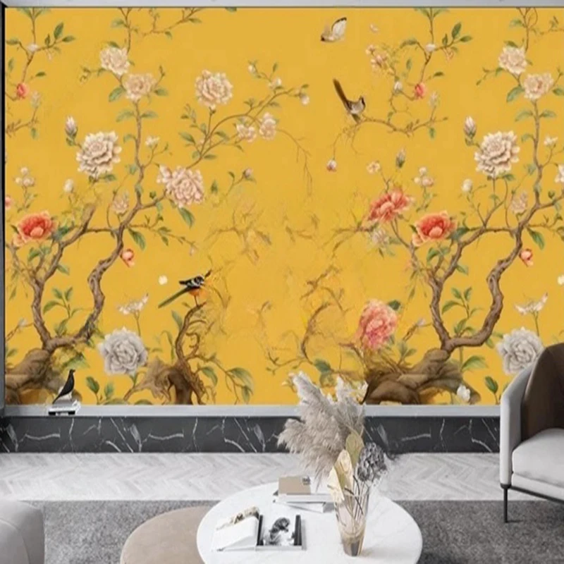Custom New Chinese Style Peony Flower & Bird Yellow Retro Wallpaper Hand-painted Mural Wall Art Vintage Floral Wallcoverings