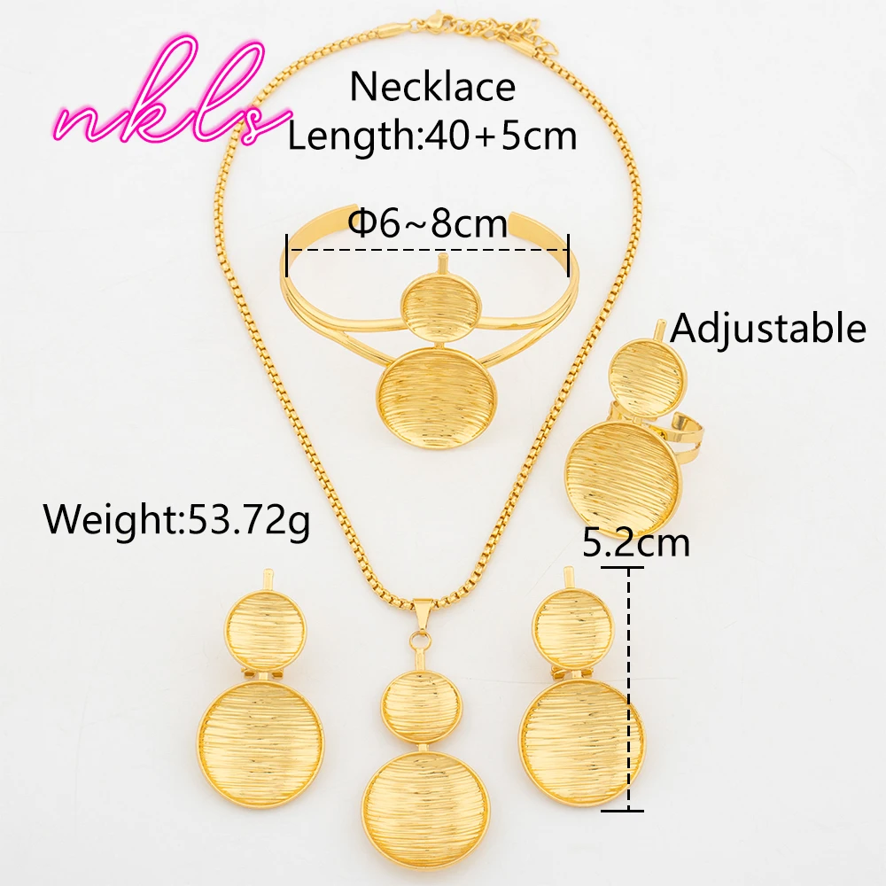 Luxury Gold Color Jewelry Set for Women Dubai African Fashion Round Design Bangle Earrings Necklace Ring Set Wedding Party Gift