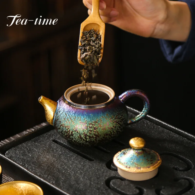 150ml Kiln Change Tianmu Peacock Glaze Teapot Retro Outline Gold Pot Tea Brewing Kettle with Strainer Tea Accessories Collection