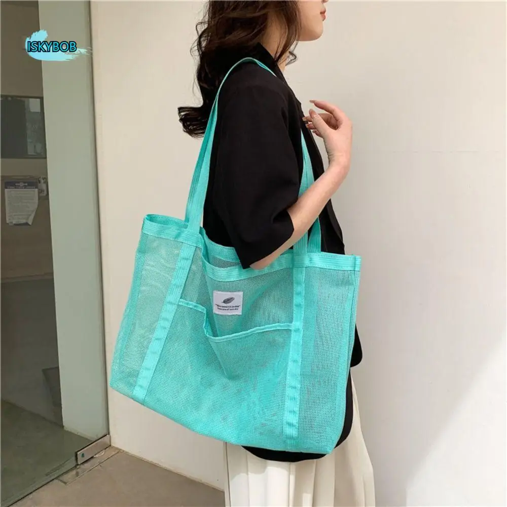 

Large Capacity Beach Tote Bag Solid Color Multifunctional Transparent Mesh Bag Swimming Fitness Bag Hollow Travel Shoulder Bag
