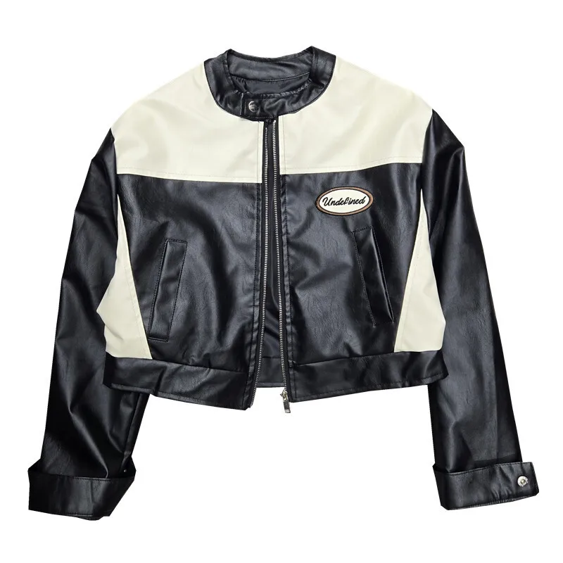 HKSH 봄 가을 신상 여성 PU 가죽 재킷 트렌드 스트리트웨어 배색 패치워크 모토 바이커 지퍼 야구 코트 HK12771