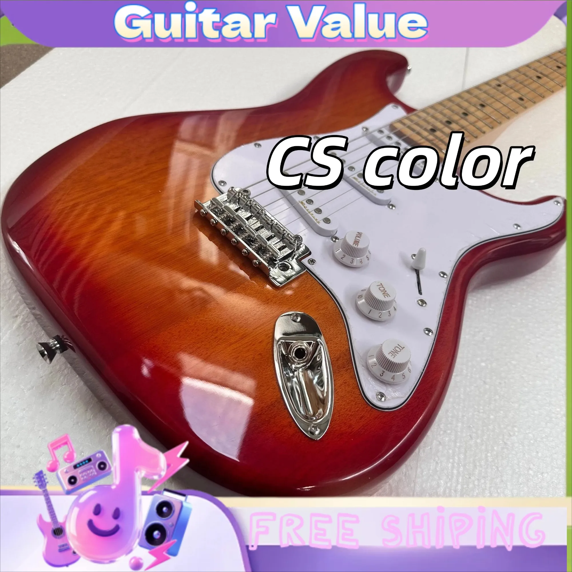 CS STSS Electric Guitar 6 Strings Cherry Red Finish Triple Single-Coil Pickups White Guard Mahogany Body Single Tremolo Bridge