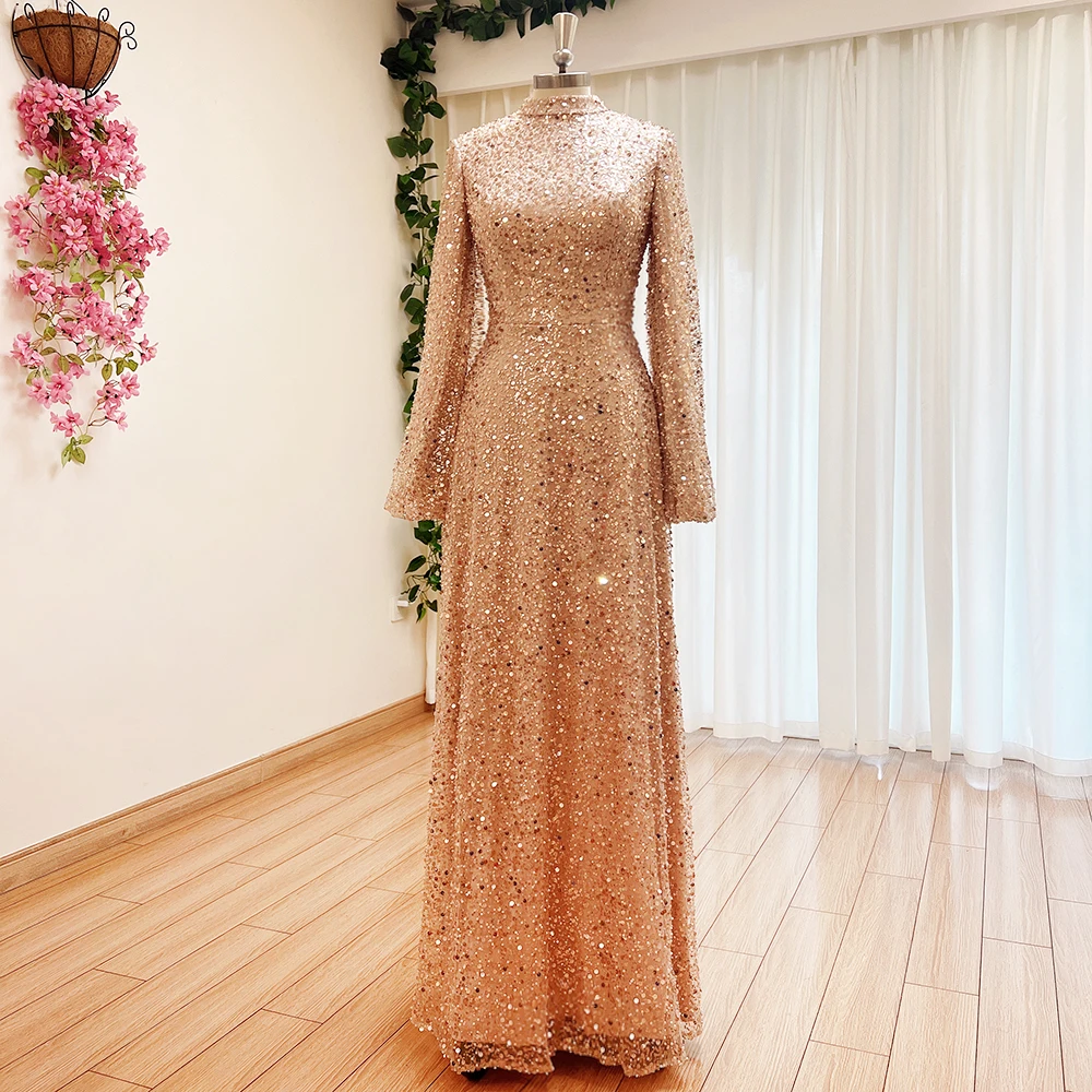 Elegant Muslim Aline Evening Dress for Women 2023 High Neck Beads Sequin Long Flared Sleeves Formal Prom Wedding Party Gown