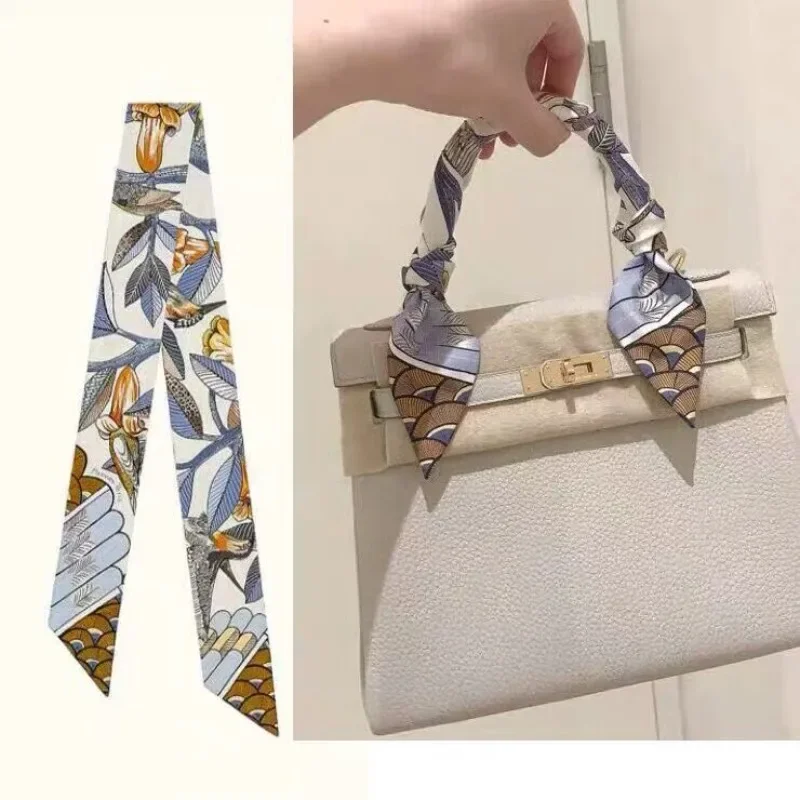 Pañuelo de seda pequeño para mujer, nueva flor, pájaro, bolso con asa estampada, cintas, pañuelo para la cabeza a la moda, pañuelos largos y magros pequeños, 2024