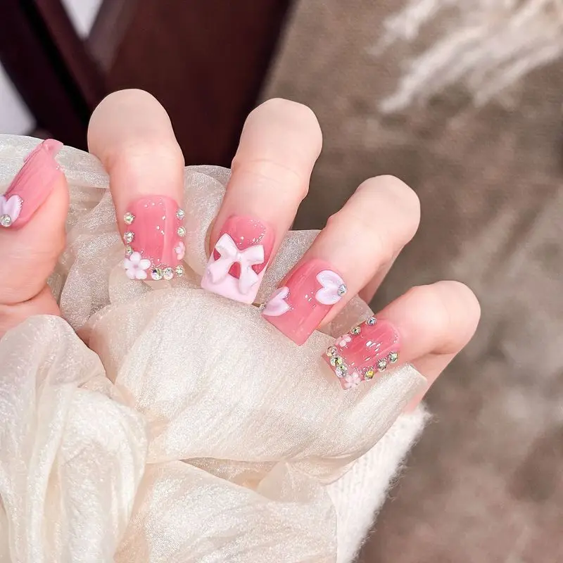 Pink Gradient 3D Bow Heart Press On Nails,Sweet Girl Short Square False Nails,Removable Reusable Trendy Popular Manicure Nail Ti