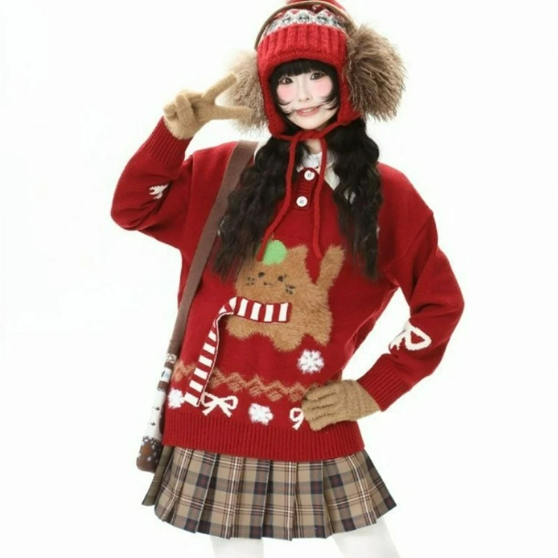 

2026 Autumn/Winter New Style Fashion Sweet Cute Loose Laid-back Top Christmas Red Lapel Printed Kitten Knitted Sweater for Women