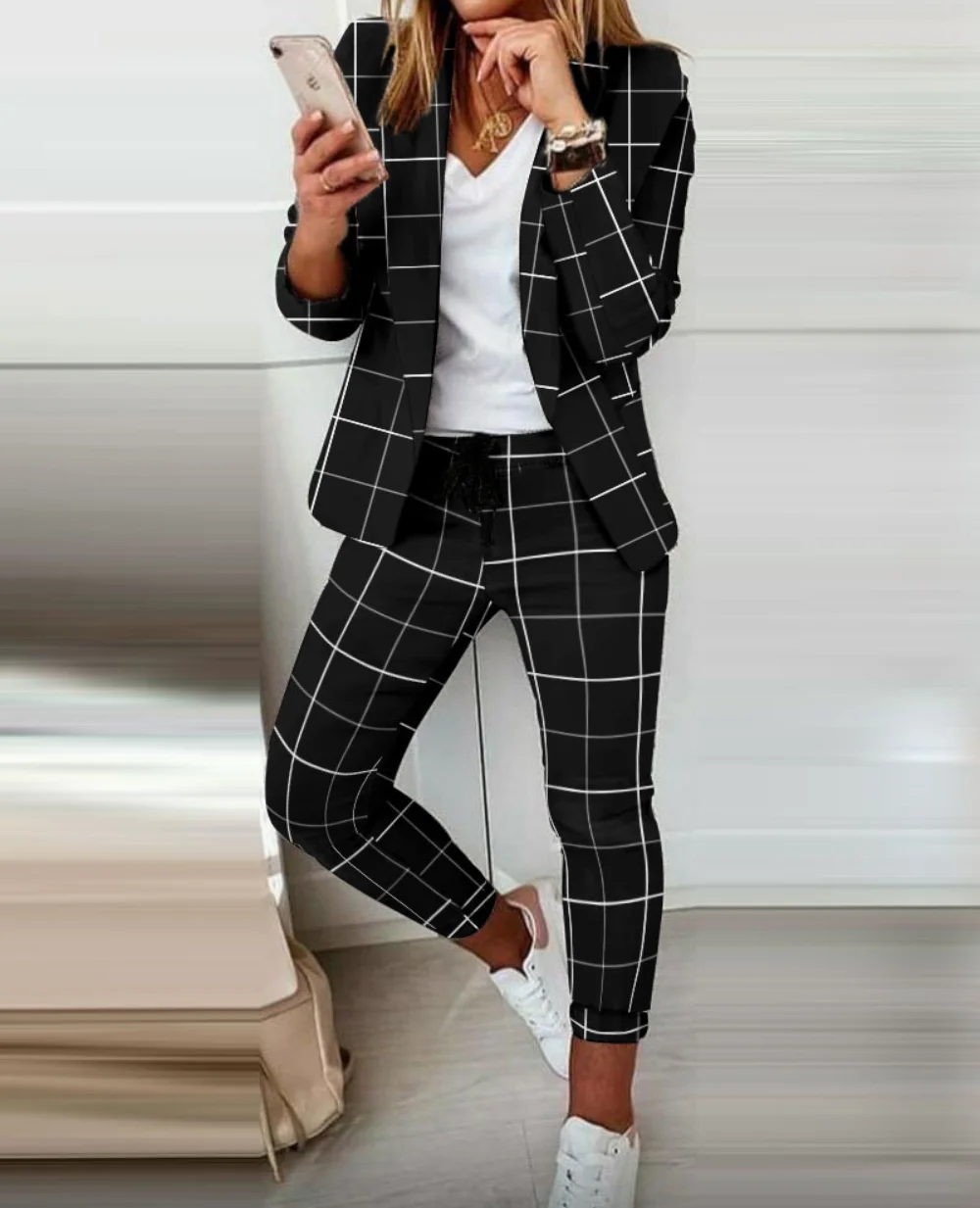 Two Piece Set Women Outfit Office Ladies 2023 Autumn Plaid Print Long Sleeve Elegant Blazer Coats & Drawstring Work Pants Set