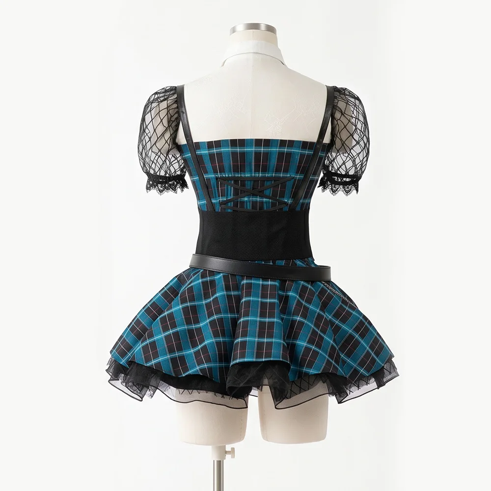 Halloween Monster School Frankenstein Cosplay Costume Blue Black Plaid Dress Gothic Lolita Punk Party Outfit view 4