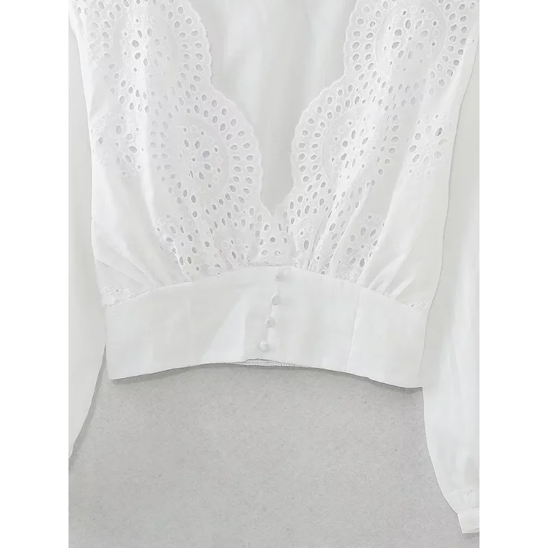 Elegant Blouses For Women 2024 Deep V-neck Cotton White Embroidery Feminine Blouse Summer Long Sleeve Women\'s Shirts