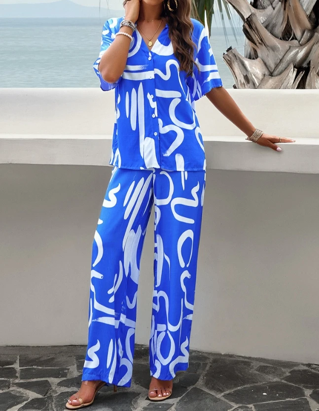 Women's Two Piece Casual Basic Summer Loose Fit Graffiti Print V-neck Half Sleeve Shirt Tops and High Waist Wide Leg Pants Set