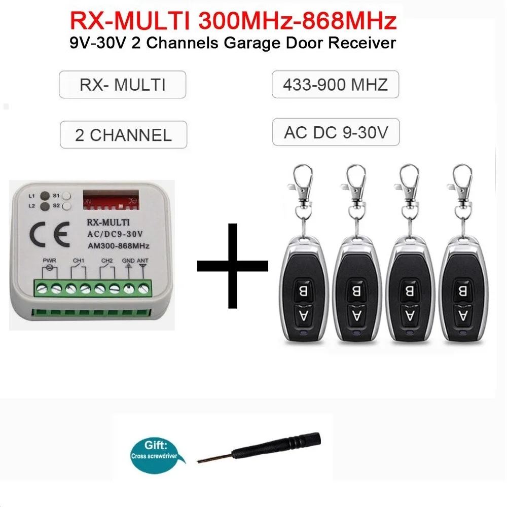 Universal RX-Multi 300-868MHz Garage Door Receiver 2CH Remote Control Receiver Replacement Fixed Code Rolling Code 433MHz 315MHz