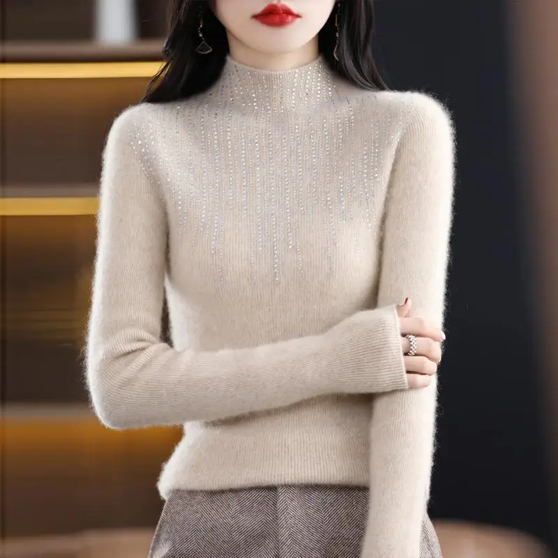 Elegant Stand Collar Solid Color Diamonds Sweaters Women's Clothing 2023 Autumn Winter Loose Korean Pullovers Office Lady Tops